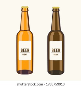 Imagen de dos botellas con texto ligero y cerveza oscura. Imagen vectorial de botellas de cerveza en un fondo claro