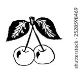 image of two cherries in black outline on a white background, vector