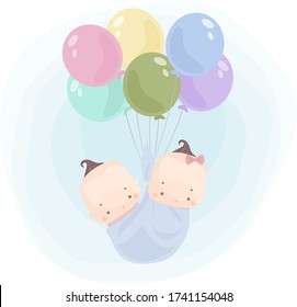 image of two children flying in diapers on colorful balloons.
stock isolated illustration on white background for printing on postcards, websites, shop advertising in cartoon style