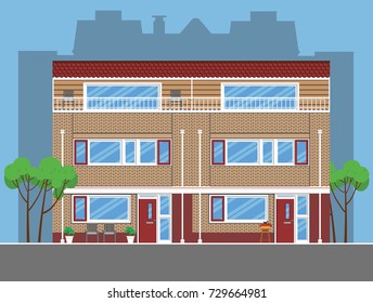 Image of two combined simple townhouses. Flat style.