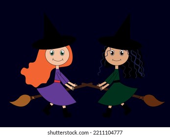 Image of two cute and cute witches with black and red hair on a broom