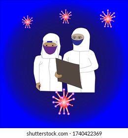 Image of two doctors planning a covid virus 2019,in the style of the blue background vector.