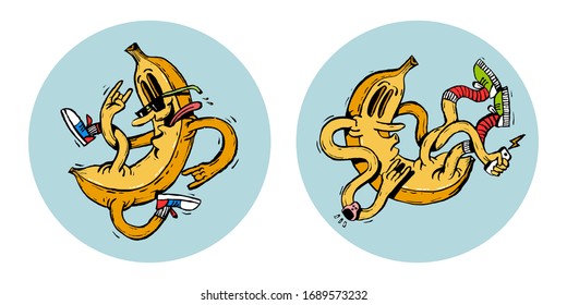 Imagen de dos bananas divertidas en zapatillas, relojes, vasos y con un smartphone, caligrafía. Ilustración vectorial de color. Se puede usar en redes sociales, para artículos, pegatinas, postales, impresos.