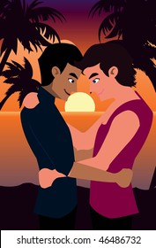 An image of two gay men hugging in a park at sunset