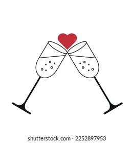 An image of two glasses of champagne for two lovers, with a heart between them. Valentine's Day