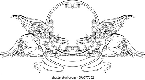 image of two griffins and elegant heraldic sign. black and white