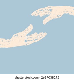 Imagem de duas mãos quase se tocando. Tom de pele e azul criam uma combinação perfeita. Ilustração de vetor plano.