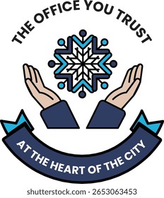 A imagem é de duas mãos segurando um floco de neve, com as palavras "The Office You Trust" escritas abaixo