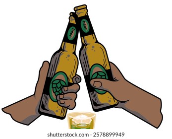 An image of two hands raising beer bottles in a cheers