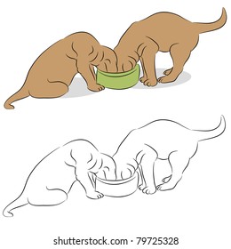 An image of a two Labrador puppies eating from a dog bowl.