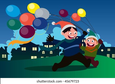 An image of two laughing and happy boys walking while holding balloons on strings