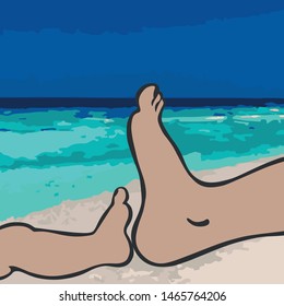An image of two legs: one child's leg and one man's leg (from foot to knee) with a light skin color, nearby to each other on a background of a sandy beach, a sea and a blue sky