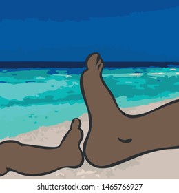 An image of two legs: one child's leg and one man's leg (from foot to knee) with a dark skin color, nearby to each other on a background of a sandy beach, a sea and a blue sky