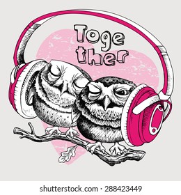 Image of two little owls with headphones sitting on a oak branch together on pink background. Vector illustration.