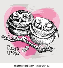 Image of two little owls sitting on a oak branch together on pink background. Vector illustration.