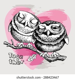 Image of two little owls sitting on a oak branch together on pink background. Vector illustration.
