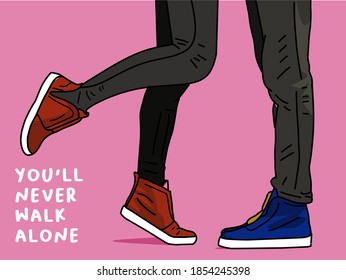 imagen de dos pies amantes y nunca caminar solo con fondo rosa