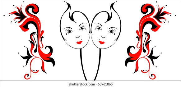 Image of two masks for a masquerade on a white.