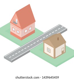 The image of two neighboring areas across the road in the vector. Neighbors in country houses. Style - isometric.