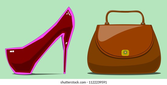 An image of two objects. Among them there is a women's handbag and a shoe.