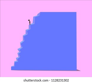 An image of two objects. Among them there is a large staircase and a small man.