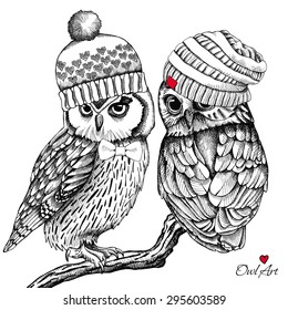 Image of a two owls in a hipster knitted hat. Vector illustration.