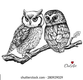 Image of two owls on a branch. Vector illustration.