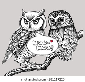 Image of two owls on a branch. Vector illustration.