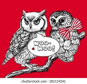 Image of two owls on a branch. Vector illustration.