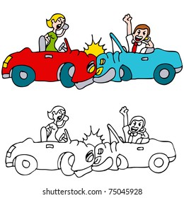 An image of a two people crashing their cars while talking on cell phones.