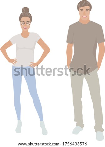 image of two people of different sex. guy and girl in fashionable youth clothes stand on a white background.
stock isolated illustration on white background for printing on postcards, websites, shop