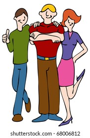 An image of a two people leaning on a man.