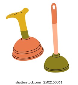 Imagen de dos émbolos de diferentes Formas. Medios para eliminar obstrucciones en las tuberías. Aliviar las necesidades naturales del cuerpo. Tema del baño. Ilustración vectorial. Fondo transparente.