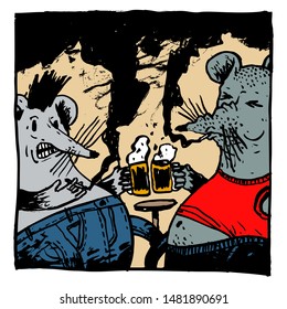 Image of two rats in a bar with beer and cigarettes. Color illustration, can be useful in publications, packaging design, on posters and banners.Can be used in social networks, for articles.