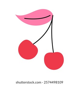  Image of two red cherries on a stem with a pink leaf. Suitable for designs related to summer, fruits, desserts, drinks and healthy eating.