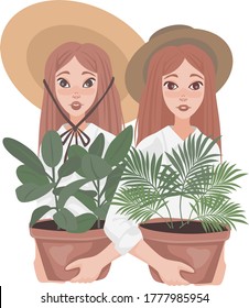 an image of two red-haired girls gardeners in hats holding pots with plants in their hands.stock isolated illustration on white background for printing on postcards, websites, shop advertising,cartoon