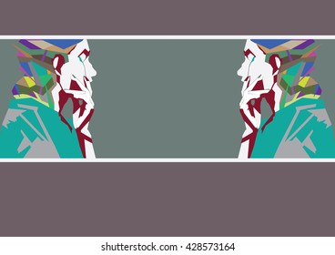Image with two reflected colorful portraits in profile. Woman with colorful hair
