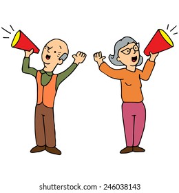 An image of two seniors yelling through a bullhorn.