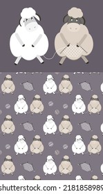 Image of two sheep knitting on knitting needles .plus a cute pattern