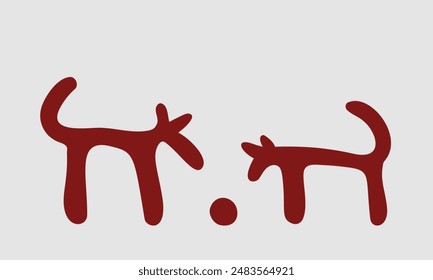 Image of two stick dogs looking at round ball, Vector illustration inspired by the Massleberg rock art ancient rock carvings from the Bronze Age in Sweden