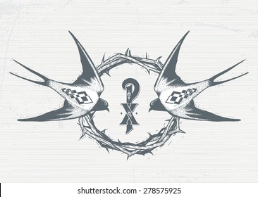 Image of two swallows on a background of a wreath of Jesus Christ in tattoo style. Sketch, handmade.