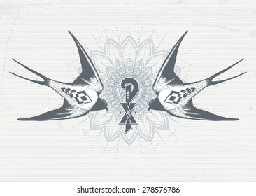 Image of two swallows on a background of a circular pattern.