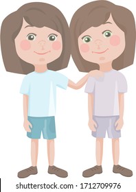 Image of two teenage children in shorts and wearing a t-shirt with a bob hairstyle standing and hugging. two twin children hug each other. 
stock isolated illustration on white background for printing