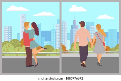 Image of two walking young couples. Young people hugging, holding hands. City landscape, trees, skyscrapers, buildings. Clear sky, clouds, summer or spring. Recreation and sports. Flat image