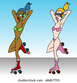 An image of a two women rollerskating outdoors in bikinis.