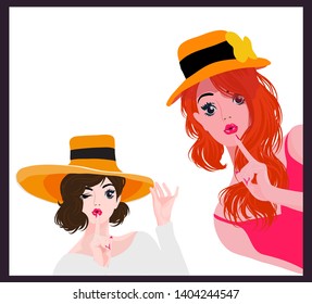 The image of two women wearing a hat showing signs of silence by putting their hands in the mouth in a vector style. And advertising illustrations