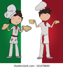 Image of two young pizza chefs holding their pizza dough