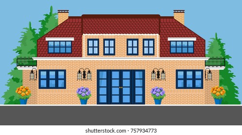 Image of two-storey villa with trees and flowers. Flat style.