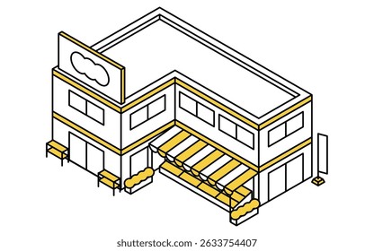Image of a two-story supermarket or drugstore, isometric illustration with simple line drawings, Vector Illustration