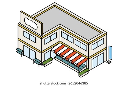 Image of a two-story supermarket or drugstore, isometric illustration with simple line drawings, Vector Illustration